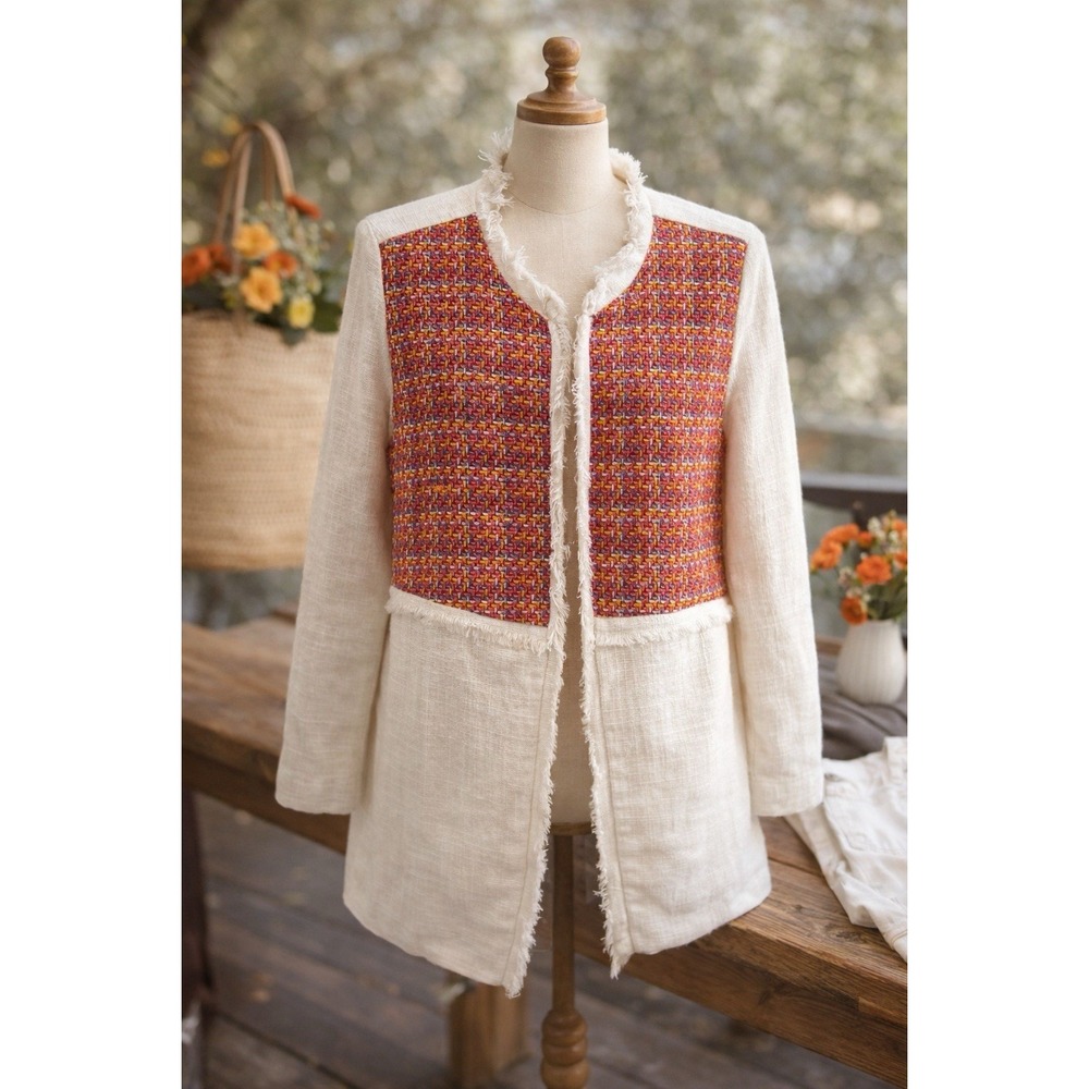 Violet B Textured Open Front Jacket Sz M Boho Tweed Fringe Hopsack Ivory